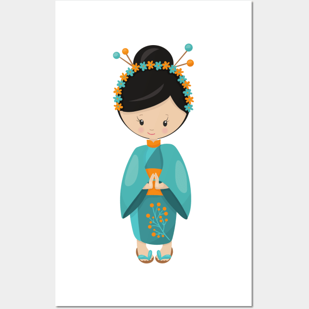 Japanese Girl, Japan, Cute Girl, Blue Kimono Wall Art by Jelena Dunčević